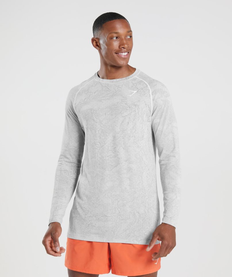 Men\'s Gymshark Geo Seamless Long Sleeve T-Shirts Light Grey | CA 1DA875